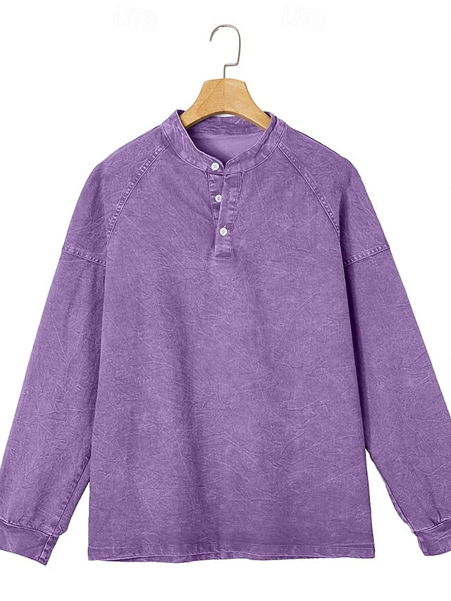 Men's Cotton Acid Wash Long Sleeve Henley Shirt