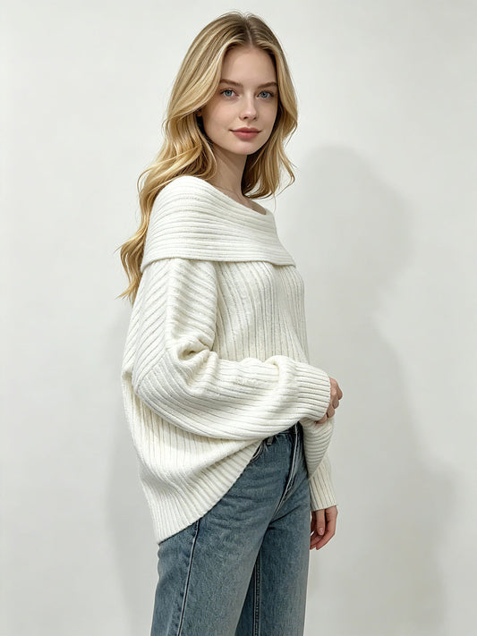 Women’s Off-Shoulder Fold-Over Ribbed Knit Sweater
