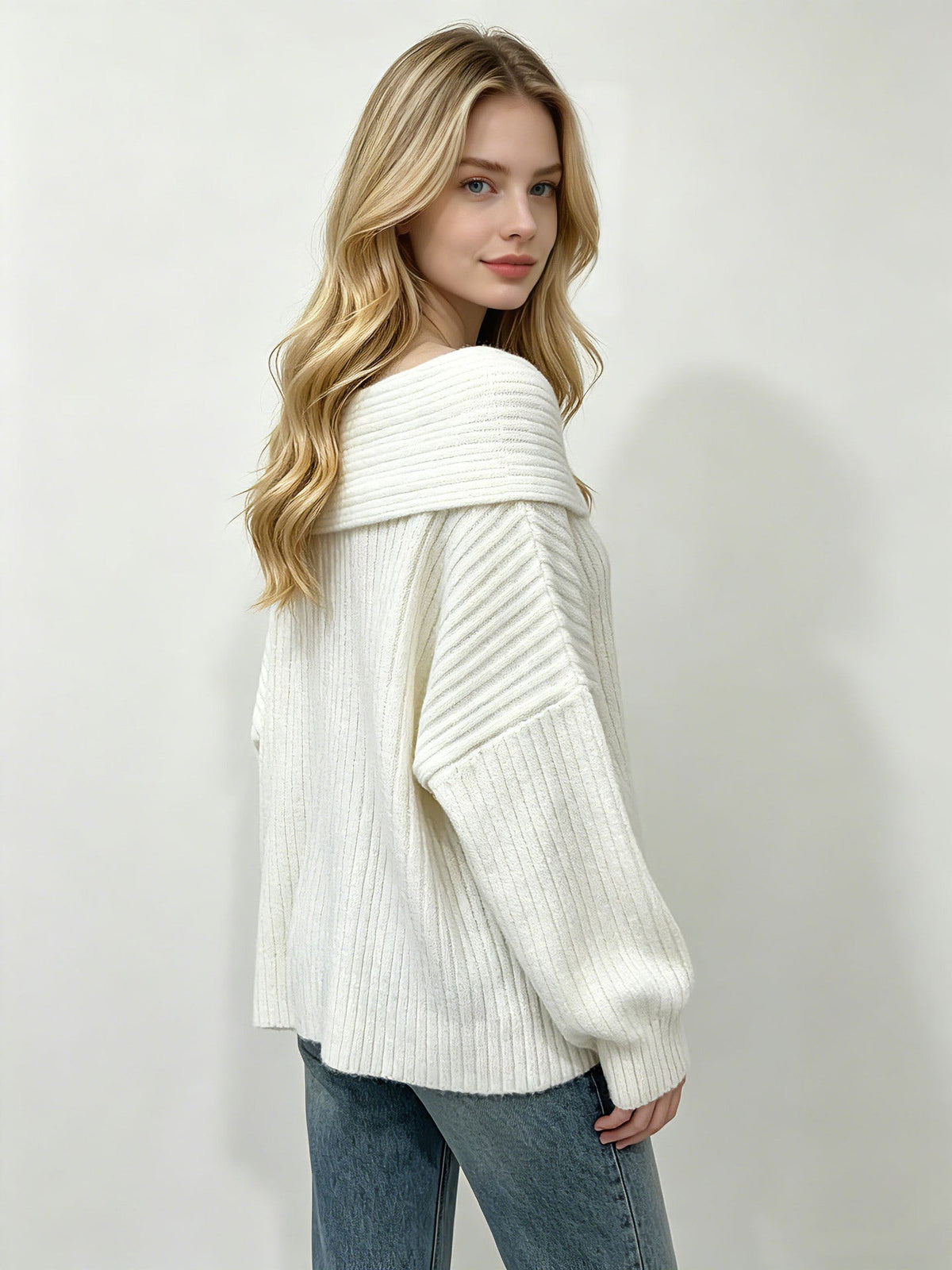 Women’s Off-Shoulder Fold-Over Ribbed Knit Sweater