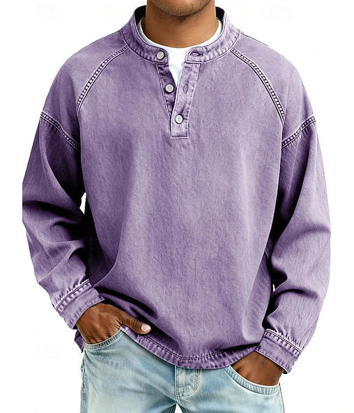Men's Cotton Acid Wash Long Sleeve Henley Shirt