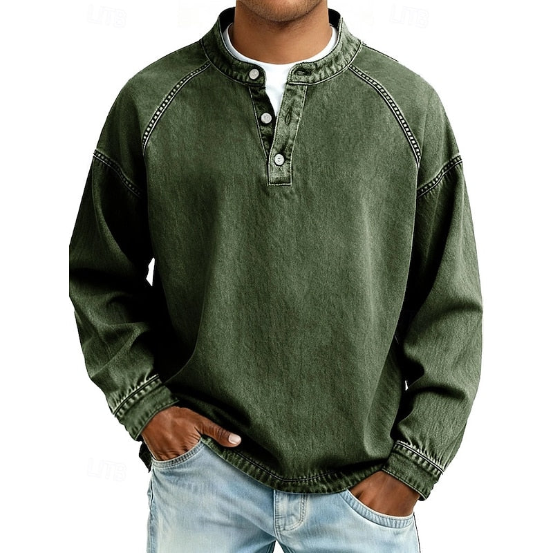 Men's Cotton Acid Wash Long Sleeve Henley Shirt