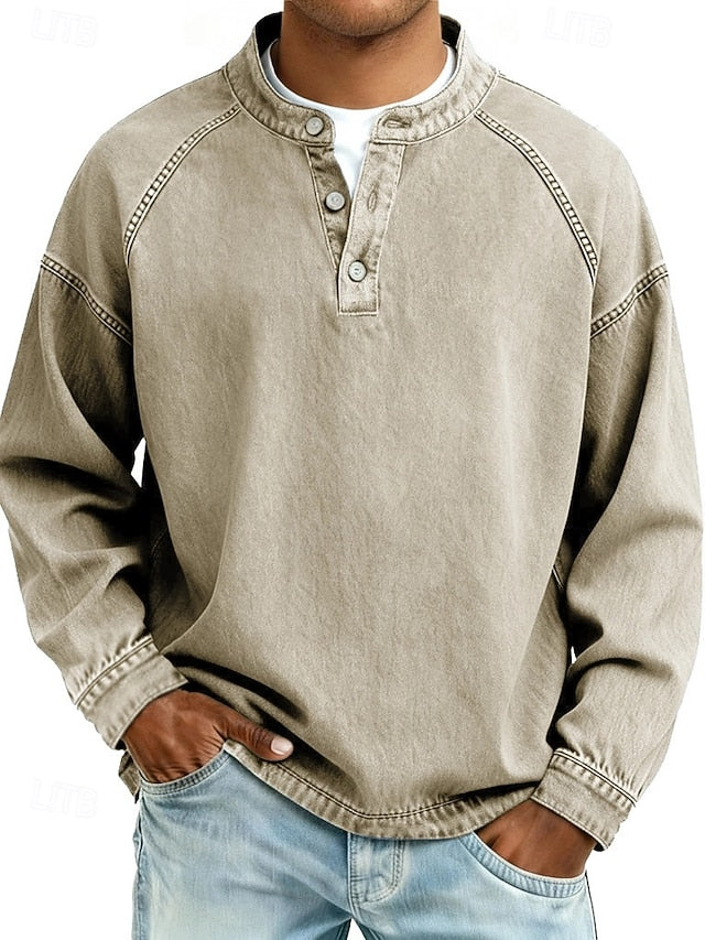 Men's Cotton Acid Wash Long Sleeve Henley Shirt