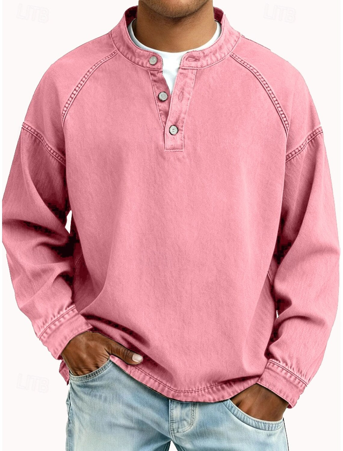 Men's Cotton Acid Wash Long Sleeve Henley Shirt