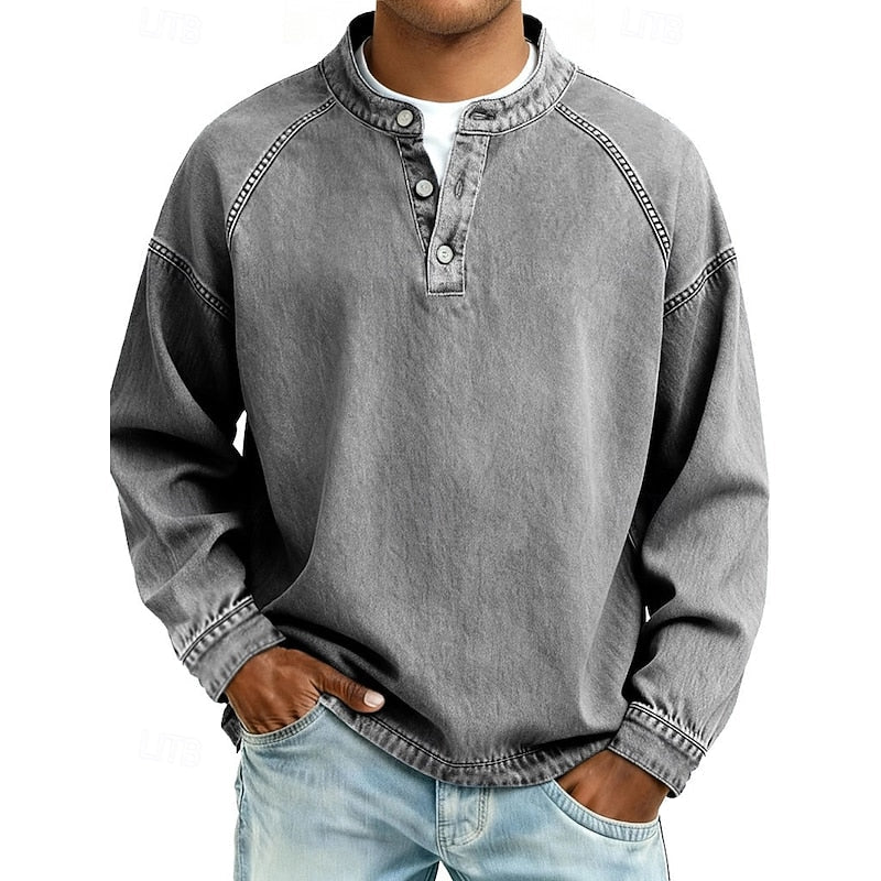 Men's Cotton Acid Wash Long Sleeve Henley Shirt