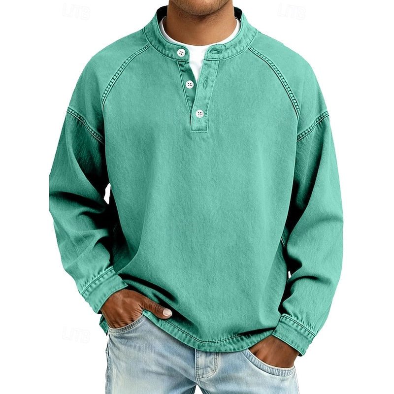 Men's Cotton Acid Wash Long Sleeve Henley Shirt