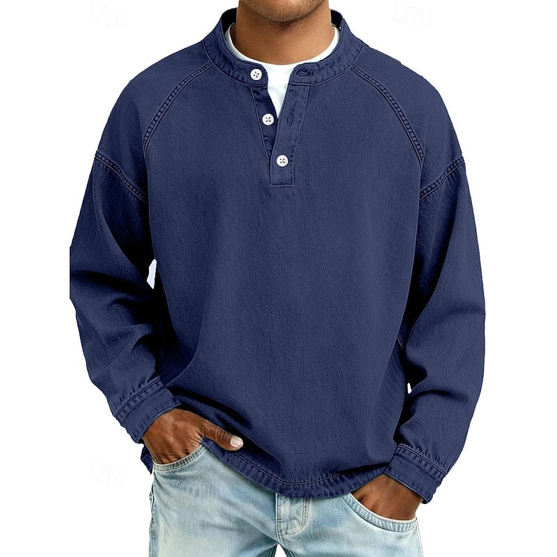Men's Cotton Acid Wash Long Sleeve Henley Shirt