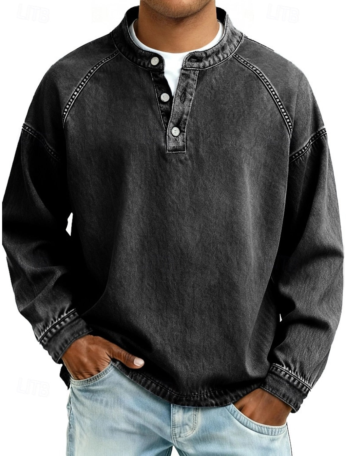 Men's Cotton Acid Wash Long Sleeve Henley Shirt