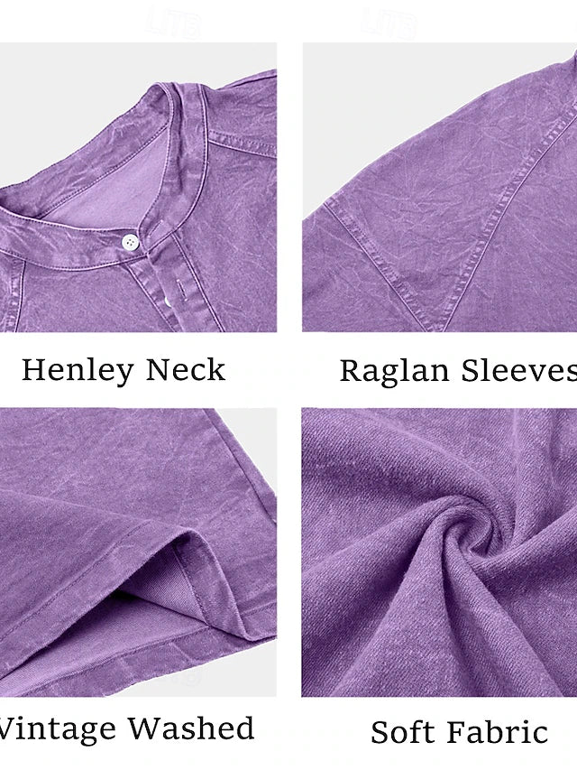 Men's Cotton Acid Wash Long Sleeve Henley Shirt