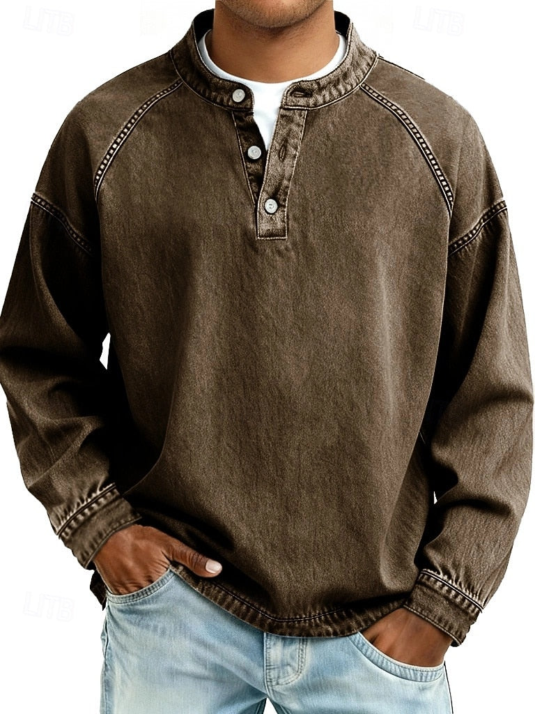 Men's Cotton Acid Wash Long Sleeve Henley Shirt