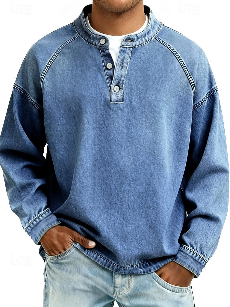 Men's Cotton Acid Wash Long Sleeve Henley Shirt