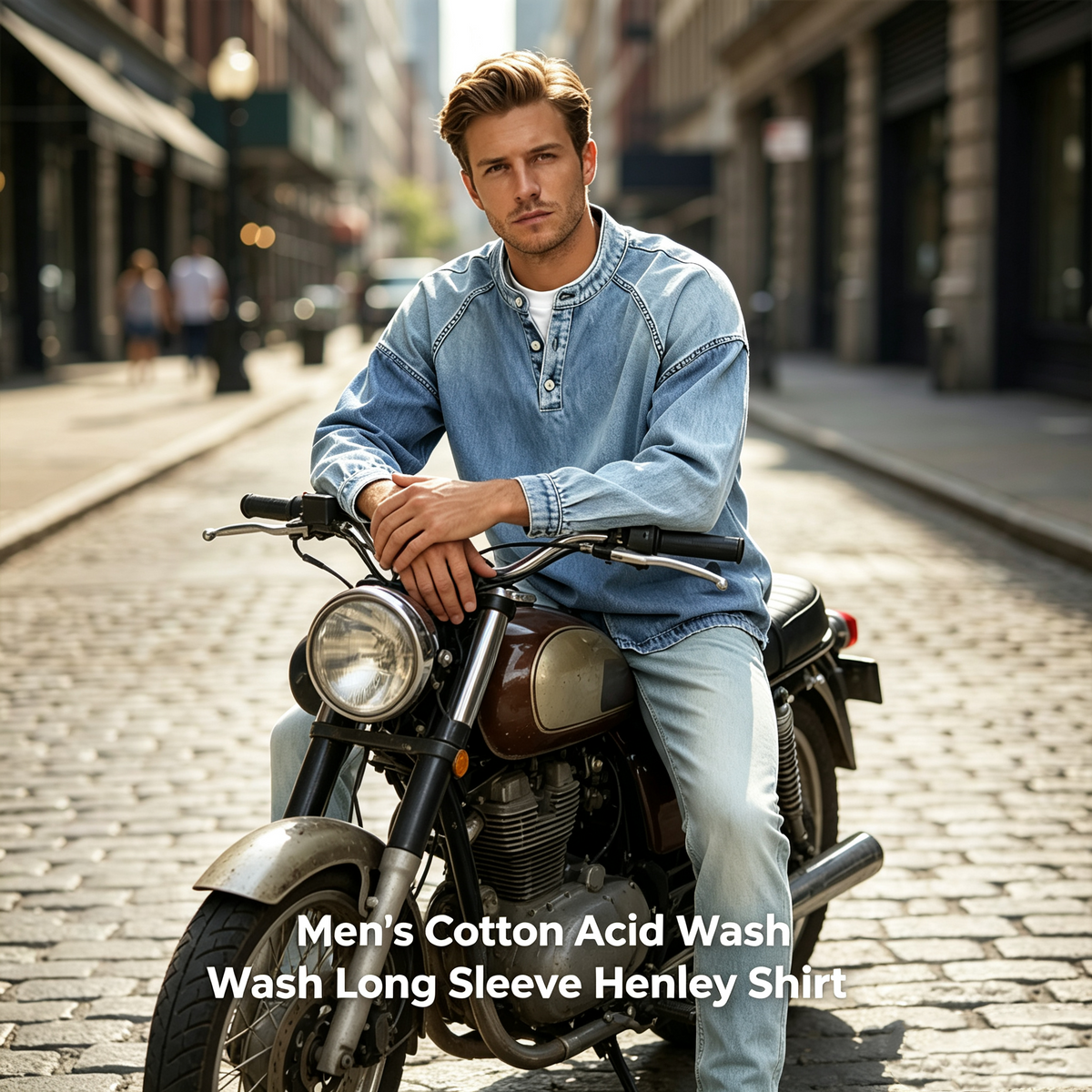 Men's Cotton Acid Wash Long Sleeve Henley Shirt