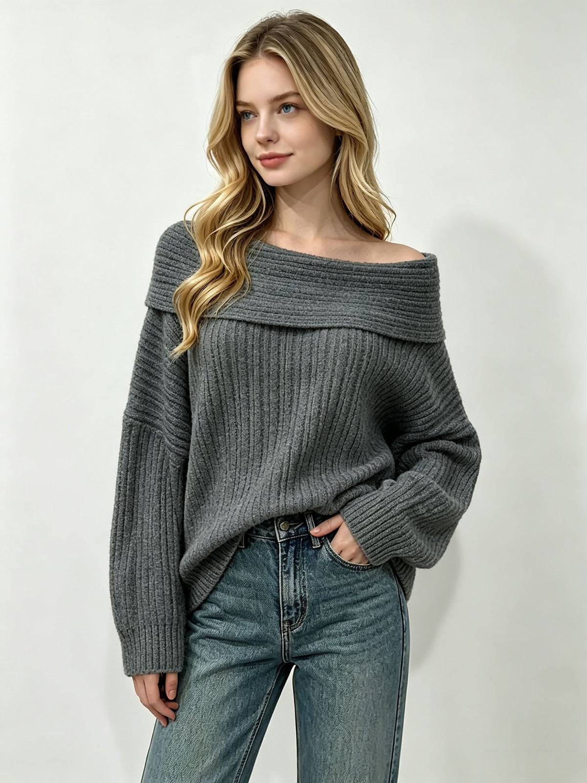 Women’s Off-Shoulder Fold-Over Ribbed Knit Sweater