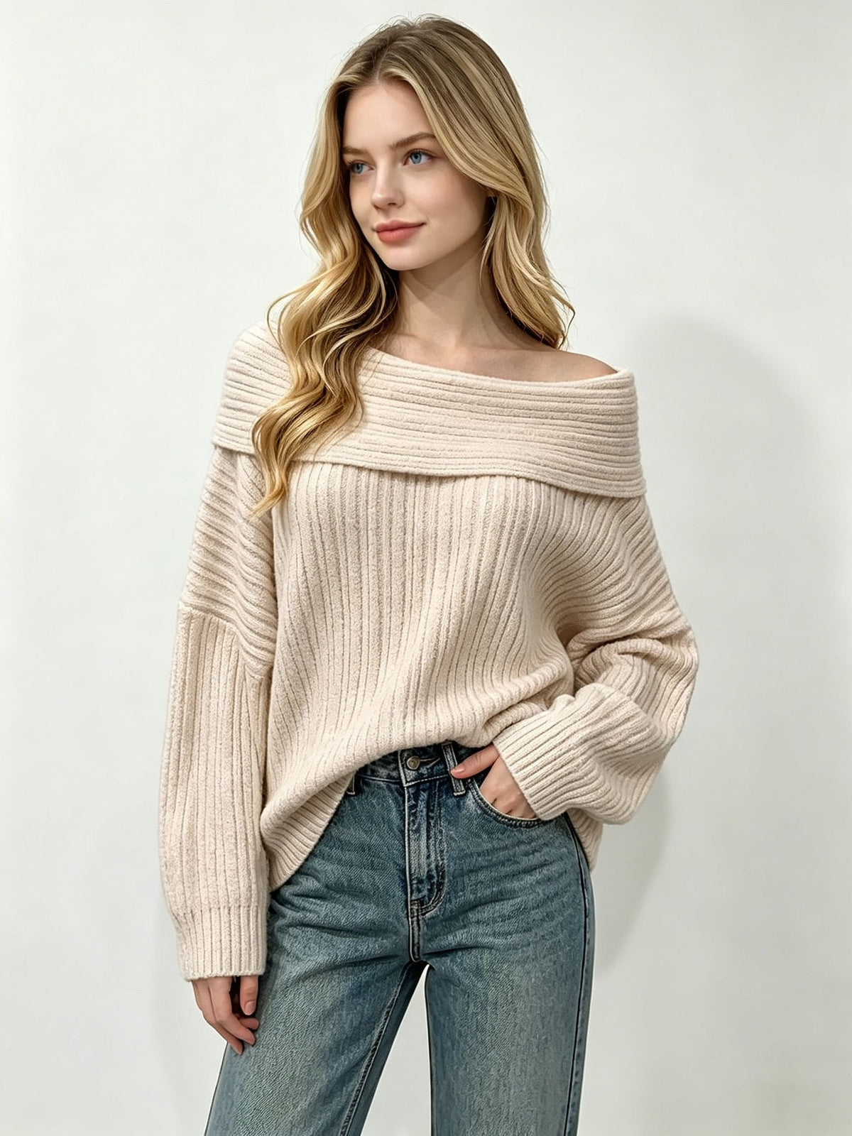 Women’s Off-Shoulder Fold-Over Ribbed Knit Sweater
