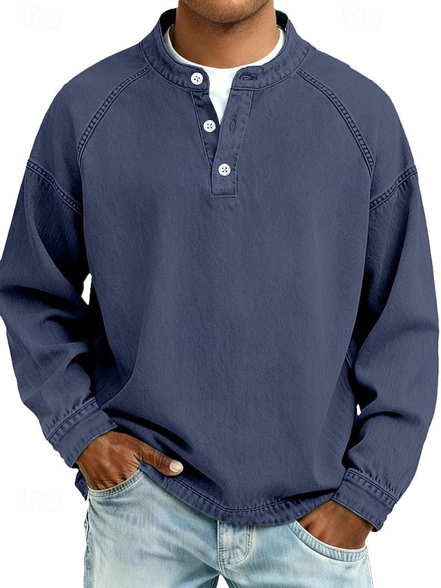 Men's Cotton Acid Wash Long Sleeve Henley Shirt